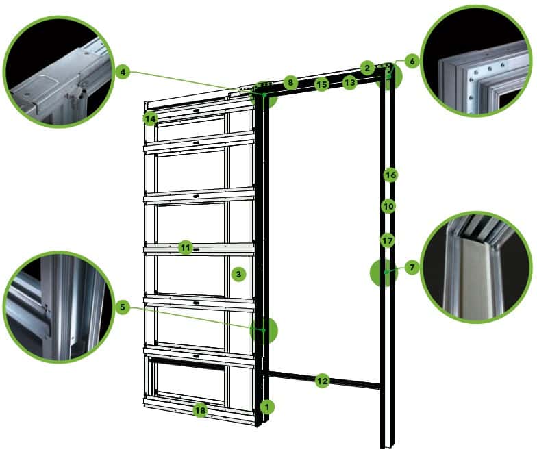 images/Schiebetuerkasten Eclisse Syntesis Line LUCE als freihstehender Kasten Trockenbau im Entwurf mit Aufzaehlungspunkten und Detailbildern in der Variante EF